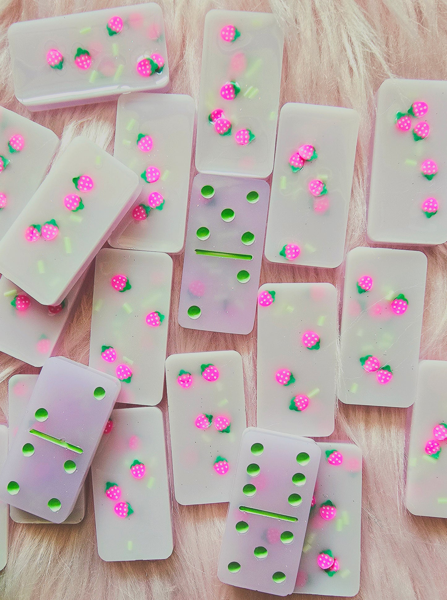 Strawberry Sparkle Resin Domino Set- Handmade Kawaii Game Night Decor